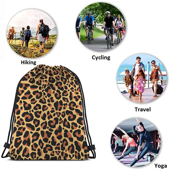 Brown Leopard Print Drawstring Bags Backpack Bag Animal Skin Digital Printed Wild Safari Theme Spot Pattern Sport Gym Sack Drawstring Bag String Bag Yoga Bag for Men Women Boys Girls